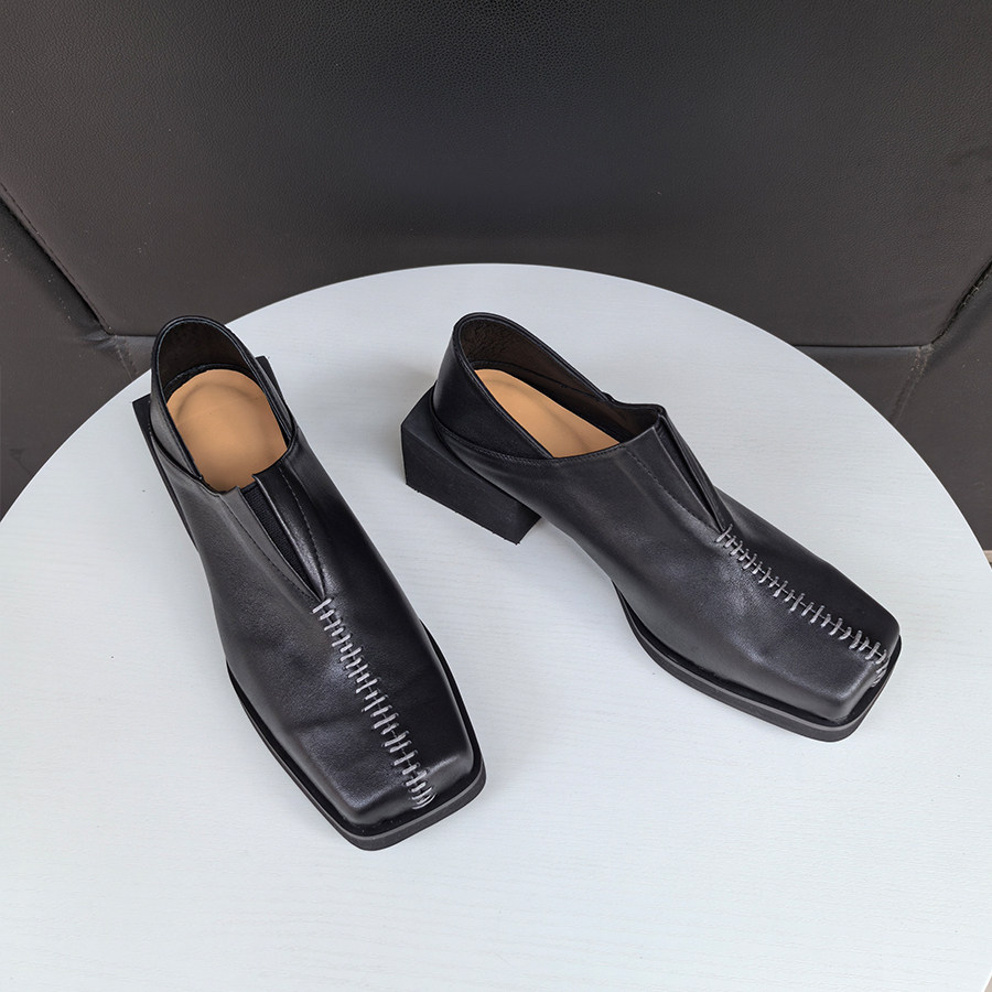 原创设计方头缝线单鞋女暗黑复古方头皮鞋手工缝线真皮方跟乐福鞋,淘宝优惠券,粉丝福利购,淘宝优惠卷