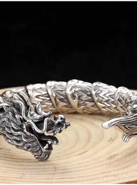 立体男士龙纹霸气风足银手镯