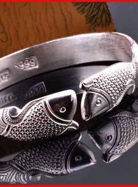 文泽百岁银坊情侣双鱼足银饰 银 手镯 女式女款NO1689