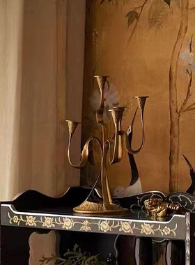 茗尚家居中古野兽派雕塑黄铜烛台玄关摆件古典五头手工锻造软装