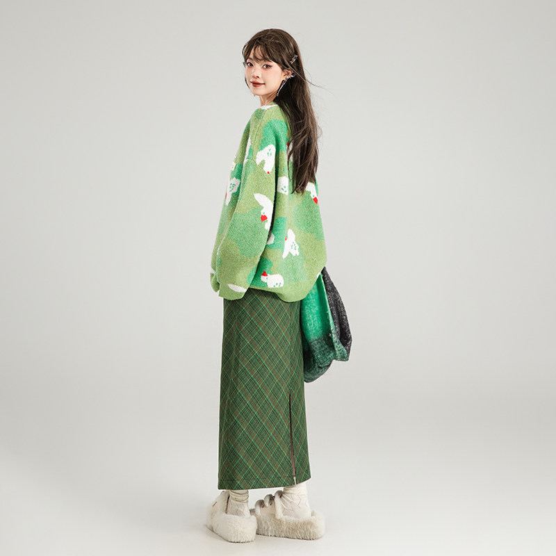 KEIKO 雏鸟提花慵懒风绿色毛衣女秋冬仿毛牛绒宽松加厚圆领针织衫