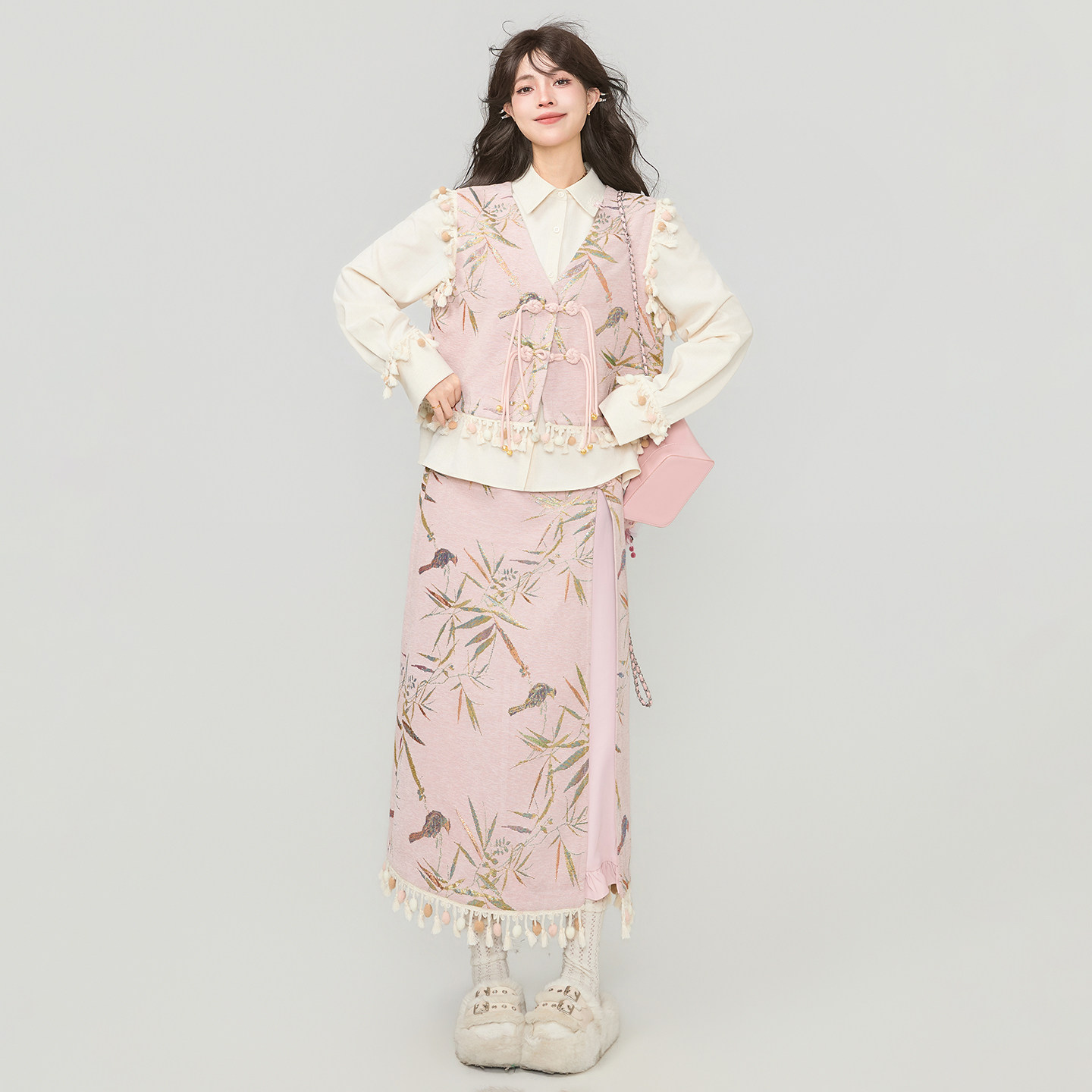 KEIKO 温婉新中式套装26春季盘扣提花马甲外套+衬衫+半身裙三件套,淘宝优惠券,粉丝福利购,淘宝优惠卷