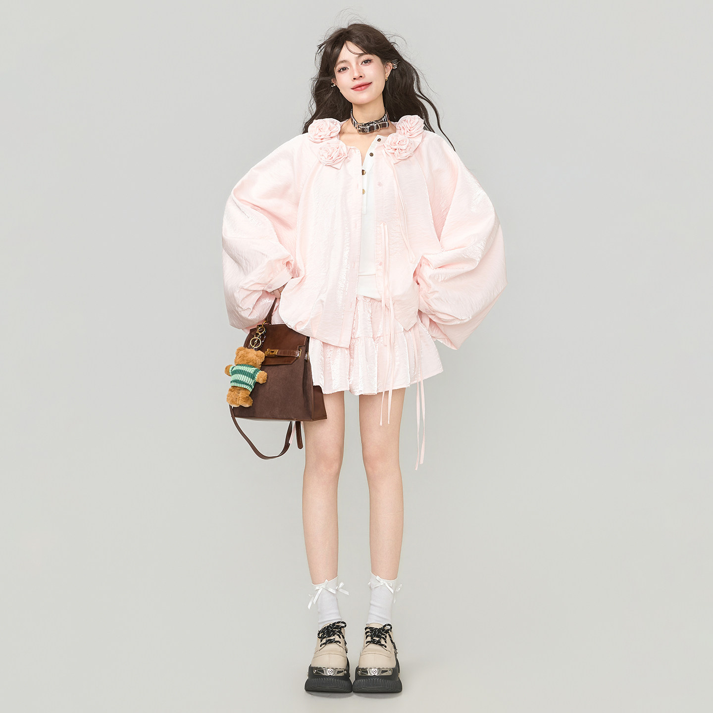 KEIKO少女感穿搭套装2026春季玫瑰花饰粉色云朵外套+半身裙两件套,淘宝优惠券,粉丝福利购,淘宝优惠卷