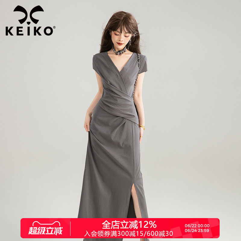 KEIKO 交叠V领灰色长款连衣裙夏季新款气质独特漂亮掐腰显瘦长裙