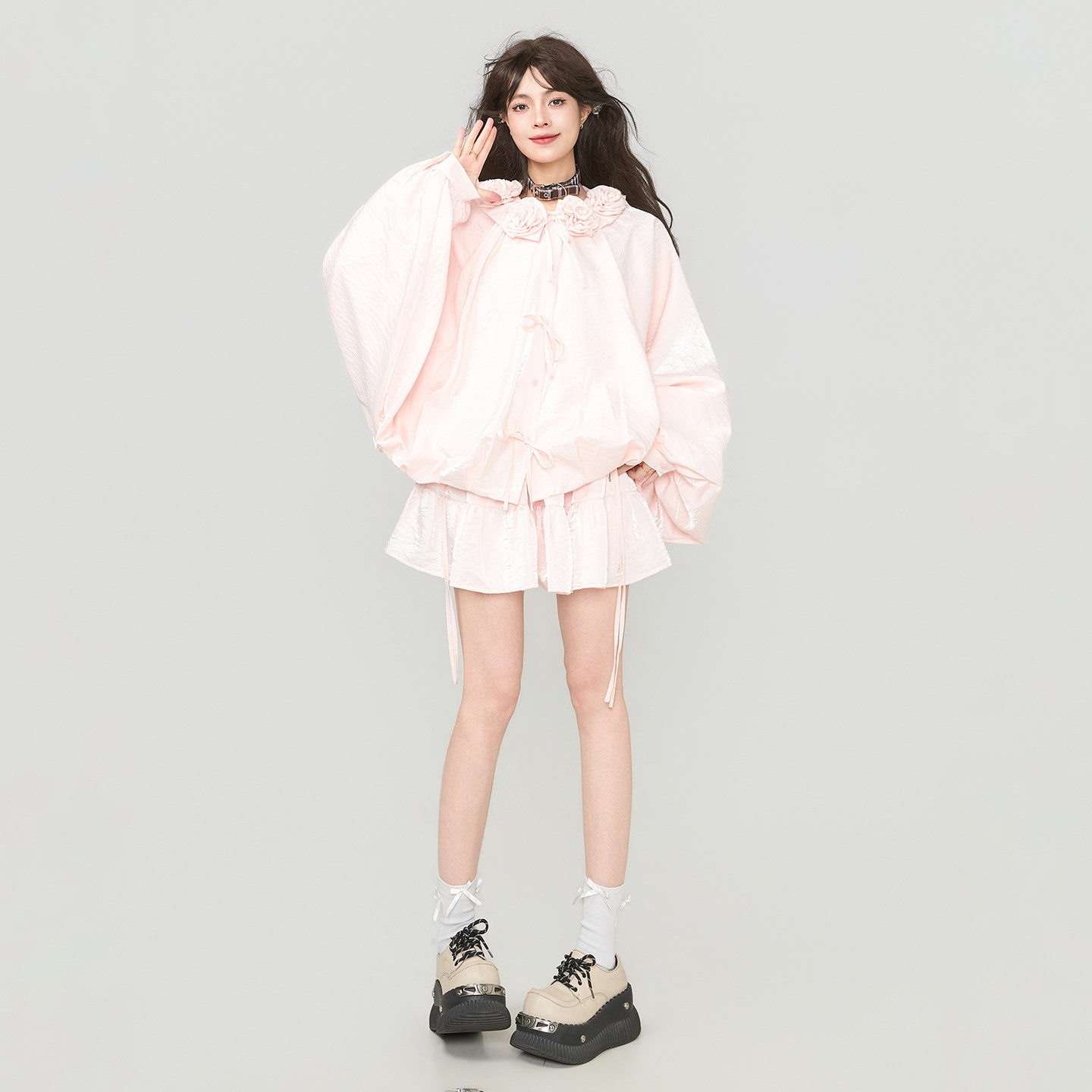 KEIKO少女感穿搭套装2026春季玫瑰花饰粉色云朵外套+半身裙两件套,淘宝优惠券,粉丝福利购,淘宝优惠卷