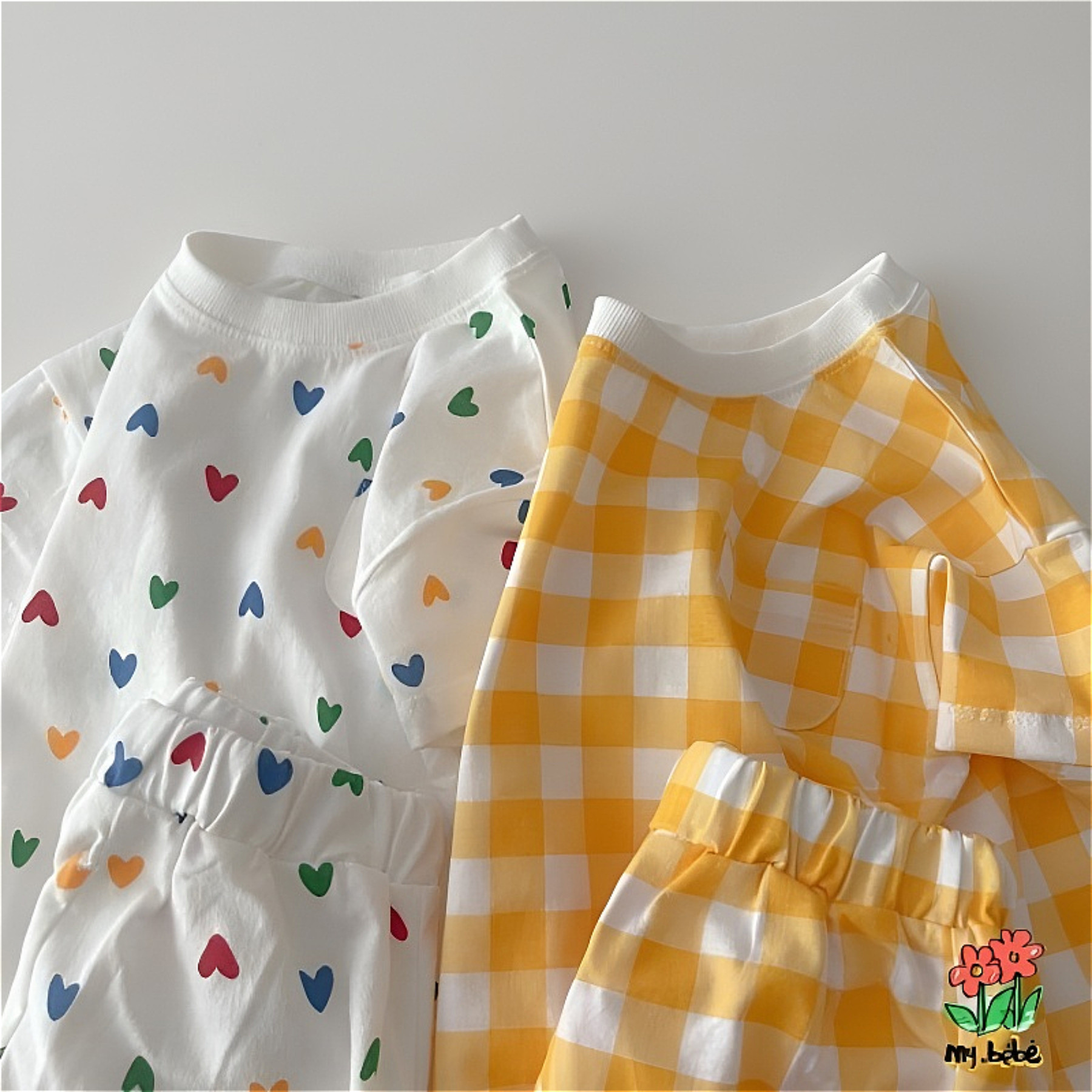 ins韩国夏装婴幼儿童清爽短袖套装宝宝爱心格子休闲T恤短裤两件套,淘宝优惠券,粉丝福利购,淘宝优惠卷