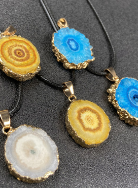 七彩切片水晶太阳花吊坠水晶矿石不规则电镀金边项链 diy欧美