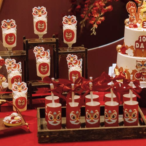 红色系周岁舞狮龙宝宝蛋糕装饰 儿童百天周岁生日甜品台烘焙插件 - 图0