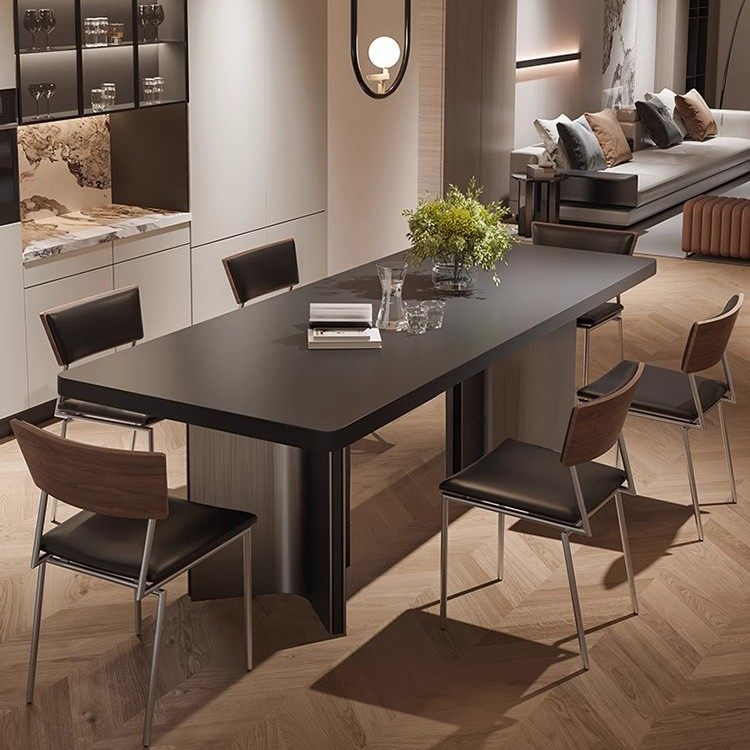 意式极简纯黑加厚岩板餐桌椅组合大户型大板桌长方形岛台复古茶桌,淘宝优惠券,粉丝福利购,淘宝优惠卷