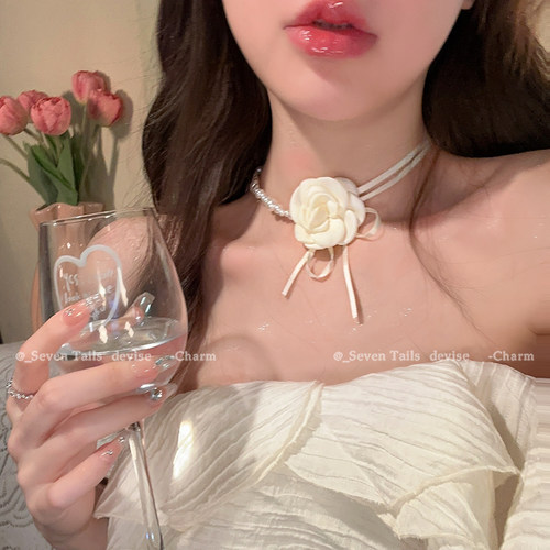 山茶花珍珠项链女choker锁骨链拼接轻奢小众花朵颈链高级脖子配饰 - 图0