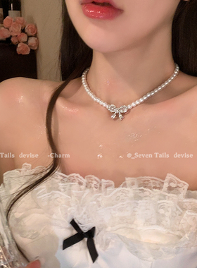 法式气质珍珠镶钻蝴蝶结项链女