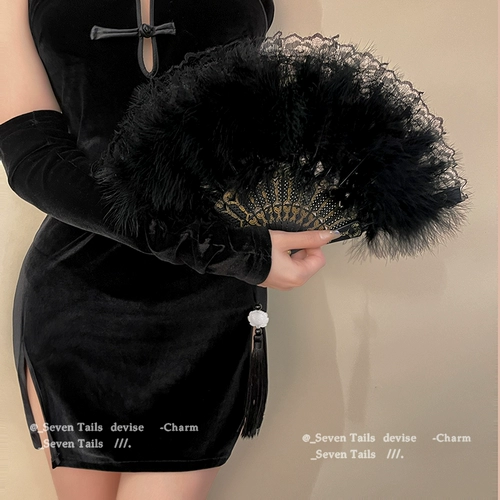 Ципао, круглый веер, черное кружевное ретро ханьфу, набивка пером, китайский стиль