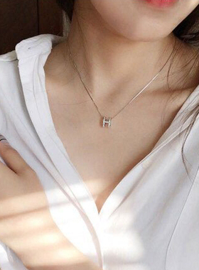 韩版925银字母h短款镶钻配饰项链