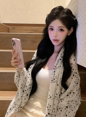 韩系白色星星印花流苏披肩女2026年新款空调房丝巾旅游防晒外搭