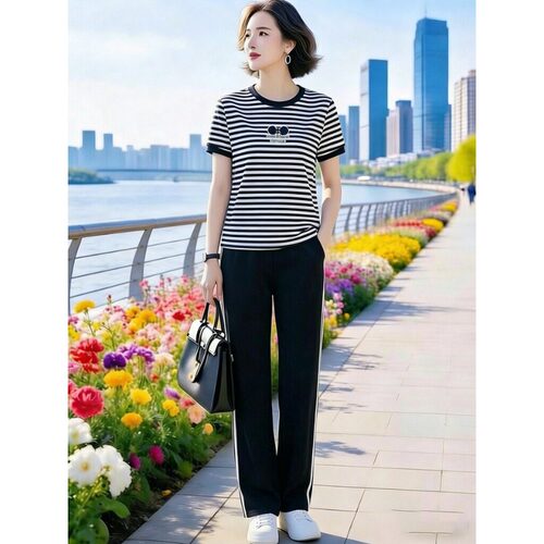 素雅订制女装原创品牌活力减龄冰丝刺绣条纹洋气休闲运动两件套装 - 图2