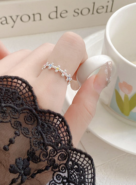 Vintage复古十字花排百搭可调节开口指环戒指小众高级轻奢食指戒