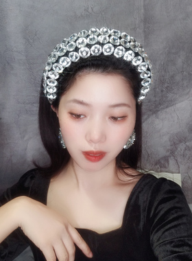 发箍银色圆钻水晶复古高颅顶发卡