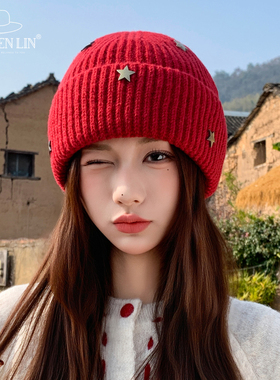 针织毛线帽女氛围感保暖星星装饰