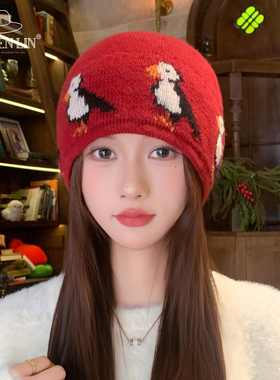 韩系费尔岛提花针织毛线帽女秋冬保暖红色显脸小护耳防寒套头帽子