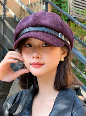 新款秋冬复古皮带贝雷帽女韩系时尚百搭显脸小报童帽英伦风画家帽