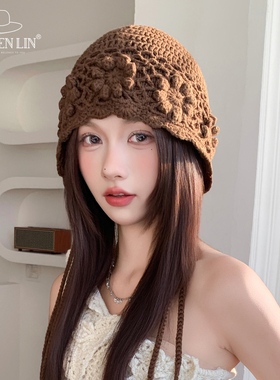 手工流苏针织毛线帽子女立体花朵