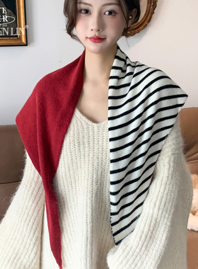圣诞新年红条纹针织保暖三角巾