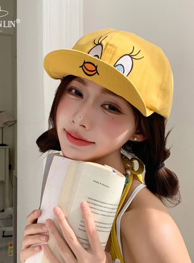 韩国崔弟翠儿翻檐鸭舌帽子可爱小黄鸭刺绣翠迪棒球帽显脸小大头围