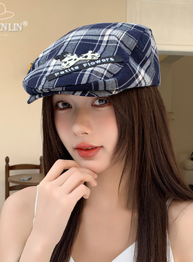 红色格子小狗前进帽春季新款女韩版百搭反戴贝雷帽显脸小报童帽潮