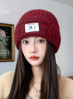 红色时尚百搭可爱针织毛线帽子女秋冬季保暖显脸小百搭护耳大头围