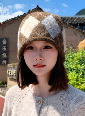 费尔岛复古菱形格堆堆帽子女秋冬季防风保暖显脸小百搭包头帽冷帽
