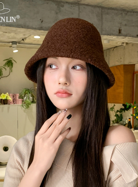帽子女羊羔毛秋冬季渔夫帽显脸小黑色百搭简约水桶帽大脸保暖盆帽