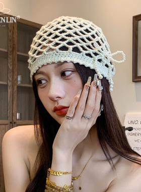 韩系珍珠蝴蝶结红色套头帽女复古春夏薄款镂空包头帽显脸小毛线帽