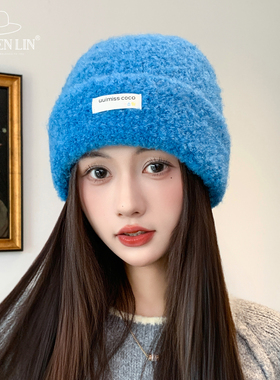 韩系蓝色毛线针织帽女秋冬新款简约休闲保暖防寒包头帽显脸小冷帽
