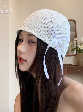 韩版小众设计黑色镂空蝴蝶结针织冷帽女百搭弹力包头帽辣妹堆堆帽