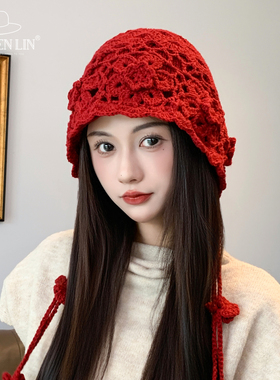 手工钩织红色包头帽女秋冬新款立体花朵保暖针织帽时尚百搭套头帽