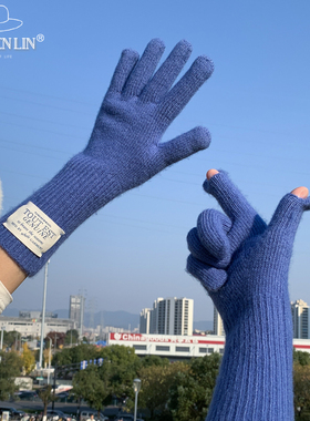 韩国ins~圣诞红色含羊毛手套女秋冬毛线针织可触屏加厚保暖骑行潮