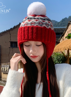 红色毛线帽子女秋冬复古提花雷锋帽加厚保暖护耳显脸小百搭包头帽