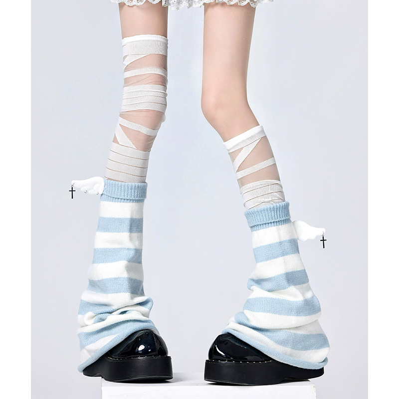 左边袜子原创日系朋克亚文化地蕾可爱白蓝条纹水色天使腿套绑带袜