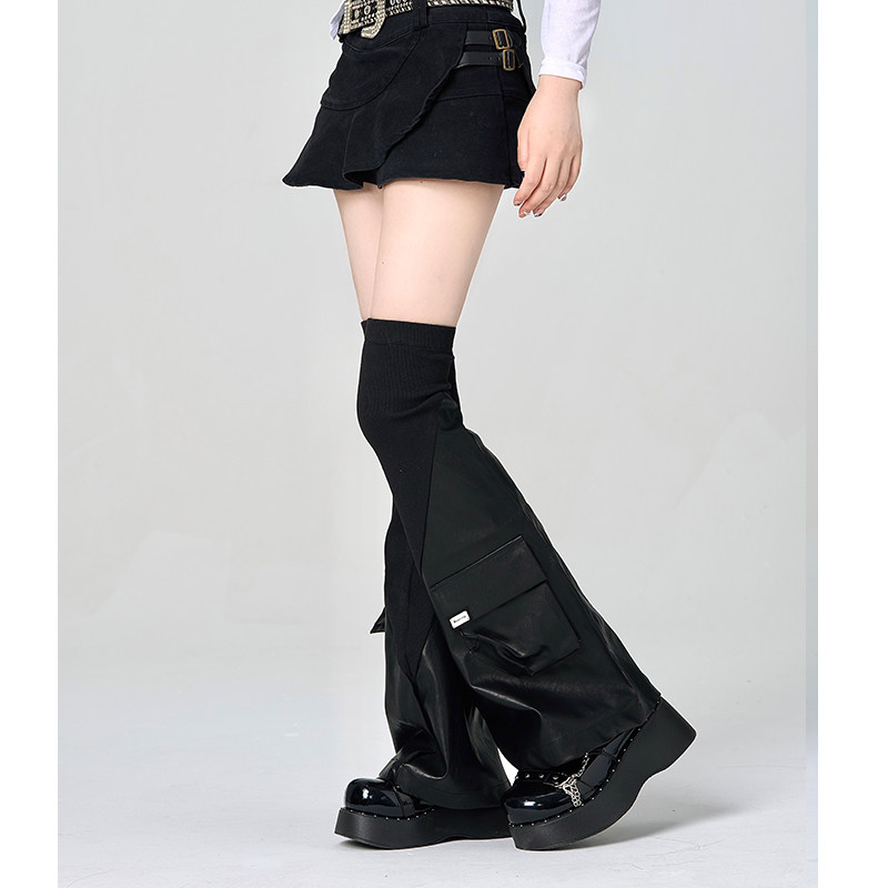 辣妹腿套y2k黑色机能风袜套pu皮质拼接过膝袜子女口袋皮裤ins潮袜,淘宝优惠券,粉丝福利购,淘宝优惠卷