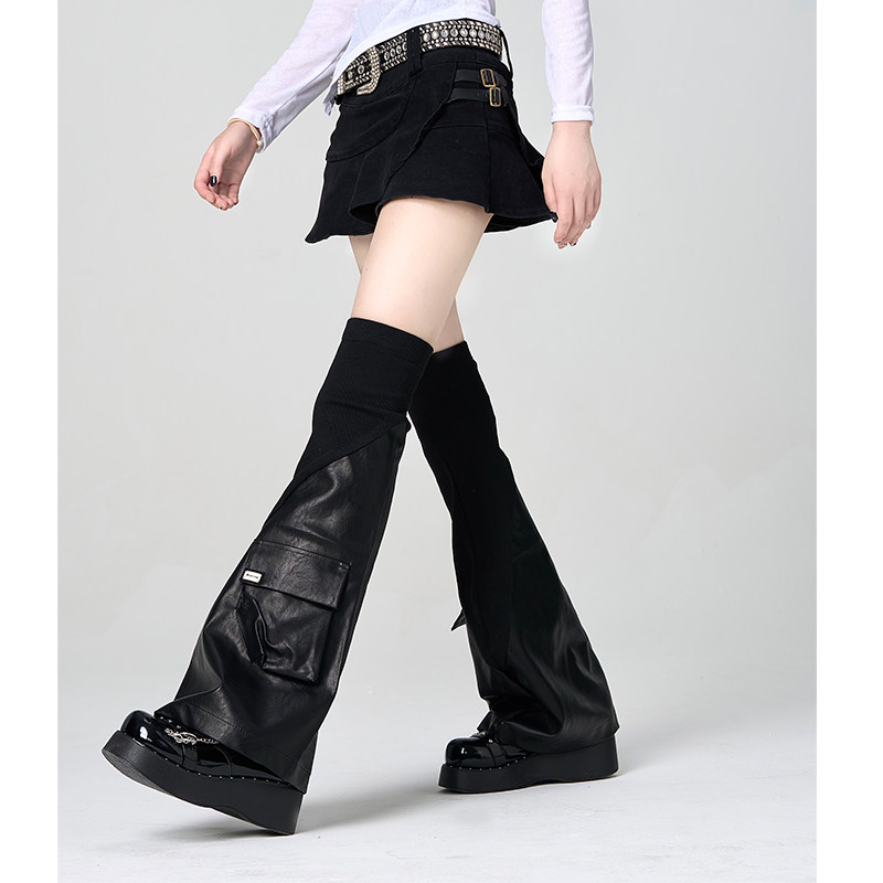 辣妹腿套y2k黑色机能风袜套pu皮质拼接过膝袜子女口袋皮裤ins潮袜,淘宝优惠券,粉丝福利购,淘宝优惠卷