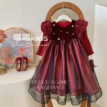 Girl Red Gown Dress New Winter Plus Suede Thickened Princess Nepotism Girl With Little Girl Bubblesleeve Sweater Dress