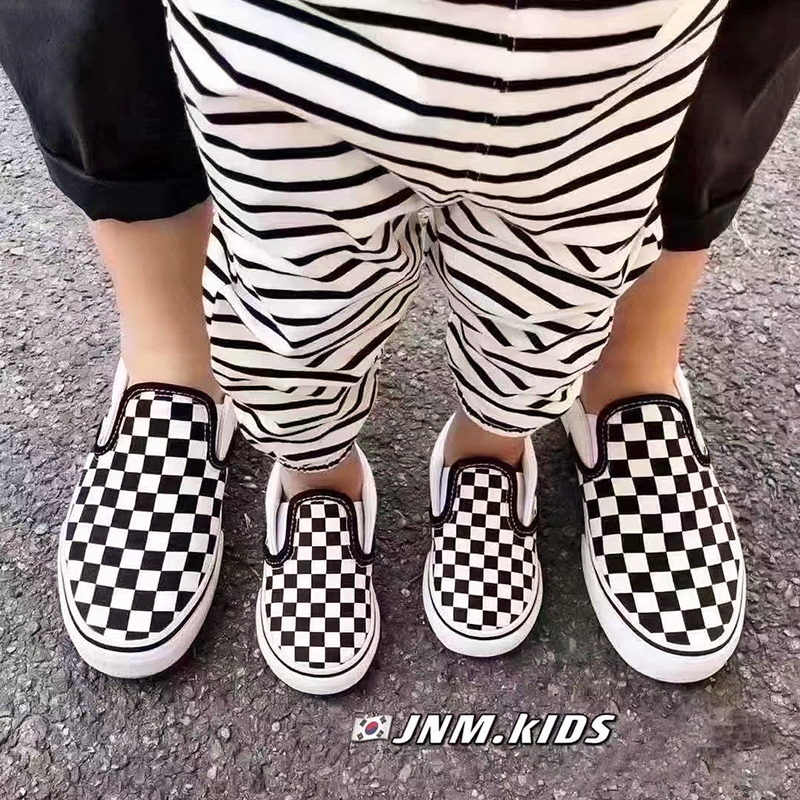 黑白格儿童帆布鞋春秋新款男女童一脚蹬板鞋中大童布鞋宝宝亲子鞋,淘宝优惠券,粉丝福利购,淘宝优惠卷