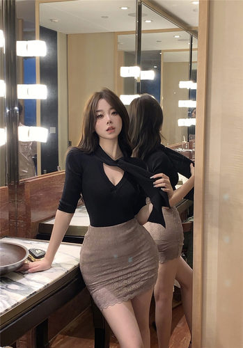 御姐纯欲风紧身套装裙夏季新款系带V领性感上衣蕾丝包臀半身短裙 - 图0