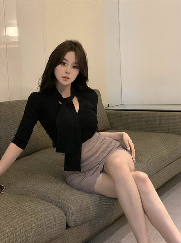 御姐纯欲风紧身套装裙夏季新款系带V领性感上衣蕾丝包臀半身短裙 - 图2