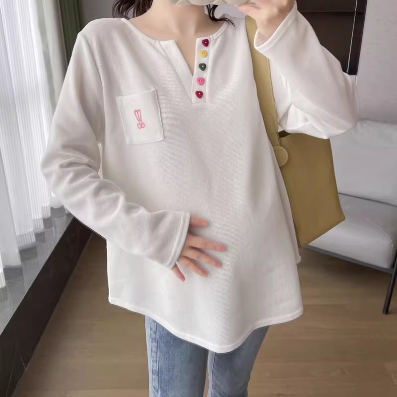 孕妇装秋冬T恤打底衫卫衣春秋新休闲V领上衣时尚韩版宽松长袖T恤 - 图2