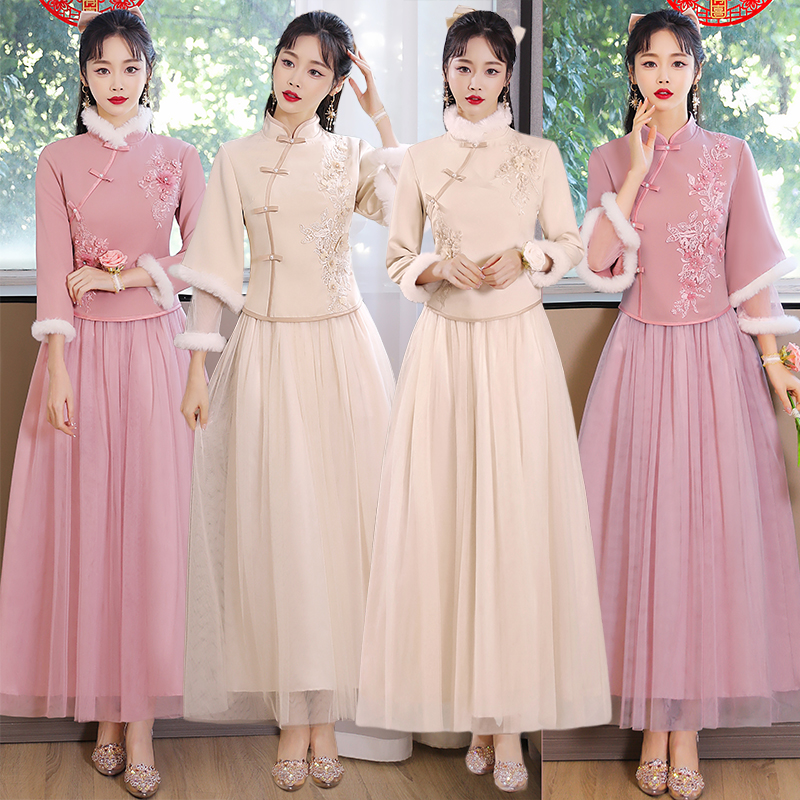 2023冬季最新中式风格婚礼伴娘服装——姐妹团中国风新娘裙款