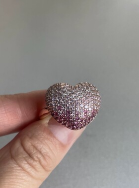 【清仓特价】闪亮亮粉色渐变锆石爱心玫瑰金戒指可爱精致pink心动