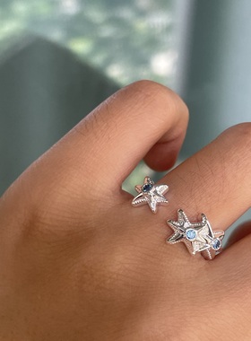 明亮的星。金银双色海星蓝色锆石开口戒指环时髦可爱精致可调节