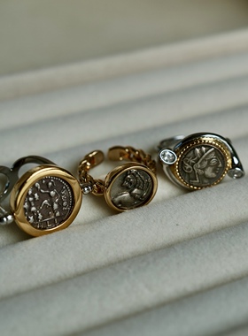 【古币戒指合集】古希腊狮子女神士兵浮雕图案撞色戒指高级设计感