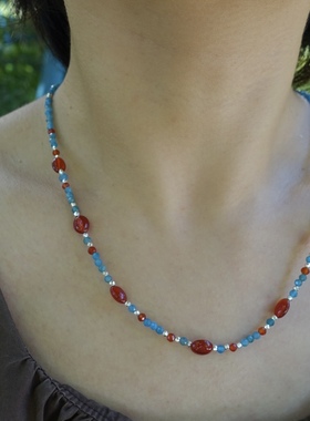 古典画卷。蓝磷灰红玛瑙串珠项链小众设计艺术风格新中式清新设计